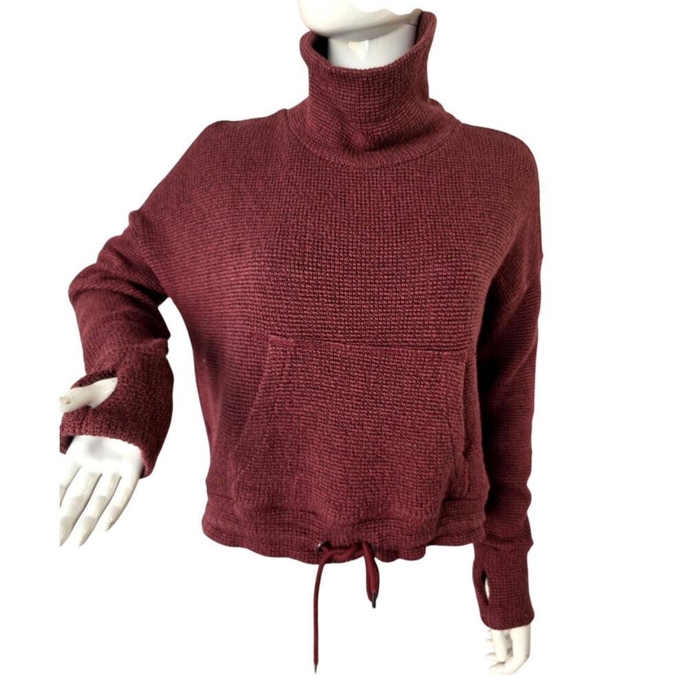 Sweaty Betty Waffle Knit Crop Sweatshirt Sz 6 Pullover Burgundy Drawstring Hem